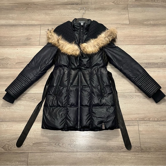 Rudsak navy down winter coat with leather waistband and details - Picture 3 of 16